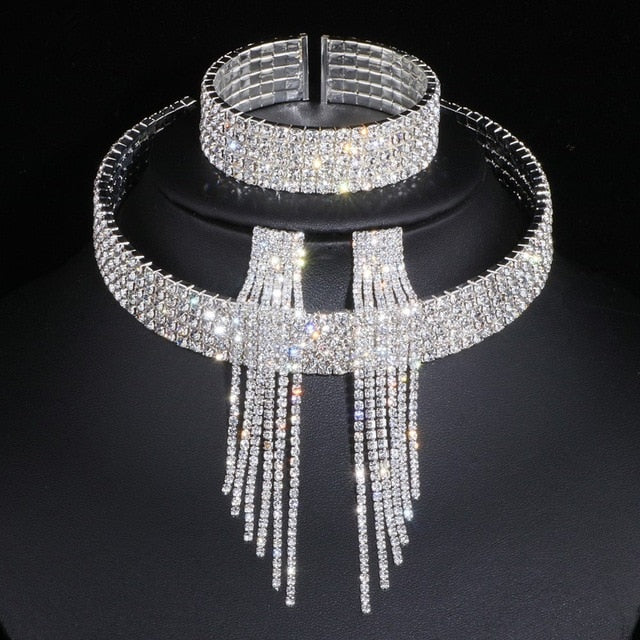 Classic Elegant Crystal Set Necklace Earrings Bracelet for Women Fashion Jewelry