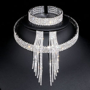 Classic Elegant Crystal Set Necklace Earrings Bracelet for Women Fashion Jewelry