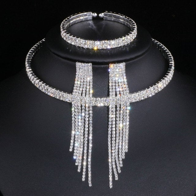 Classic Elegant Crystal Set Necklace Earrings Bracelet for Women Fashion Jewelry